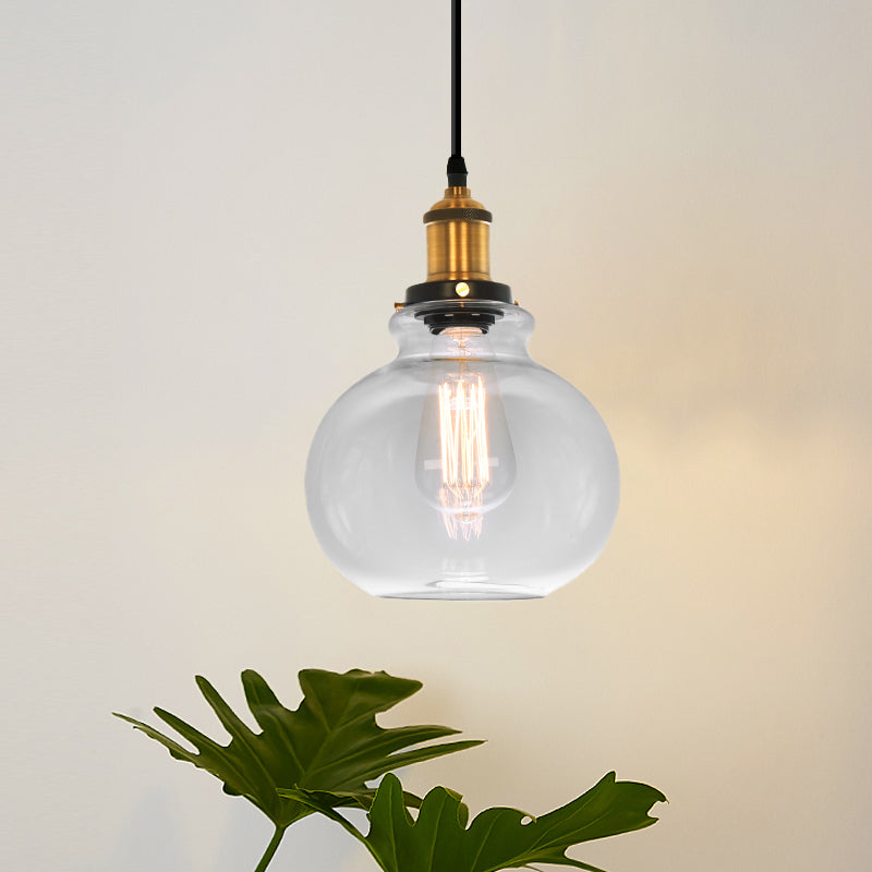 7.5" /11" Wide Globe Pendant Light Industrial 1 Light Clear Glass Hanging Lamp in Brass Clearhalo 'Ceiling Lights' 'Glass shade' 'Glass' 'Industrial Pendants' 'Industrial' 'Middle Century Pendants' 'Pendant Lights' 'Pendants' 'Tiffany' Lighting' 1136051