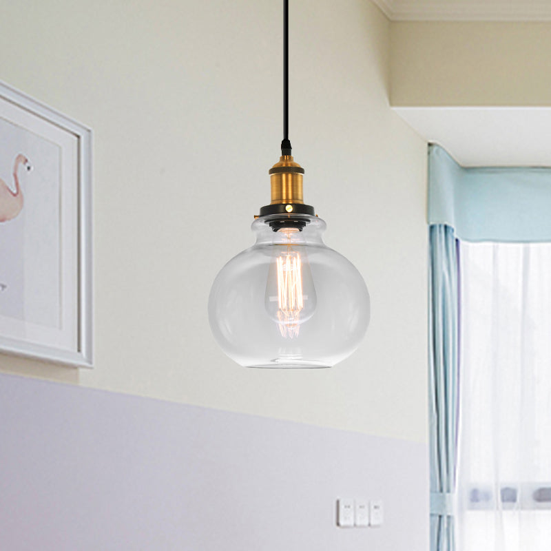 7.5" /11" Wide Globe Pendant Light Industrial 1 Light Clear Glass Hanging Lamp in Brass Clearhalo 'Ceiling Lights' 'Glass shade' 'Glass' 'Industrial Pendants' 'Industrial' 'Middle Century Pendants' 'Pendant Lights' 'Pendants' 'Tiffany' Lighting' 1136052