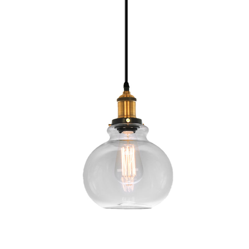 7.5" /11" Wide Globe Pendant Light Industrial 1 Light Clear Glass Hanging Lamp in Brass Clearhalo 'Ceiling Lights' 'Glass shade' 'Glass' 'Industrial Pendants' 'Industrial' 'Middle Century Pendants' 'Pendant Lights' 'Pendants' 'Tiffany' Lighting' 1136053