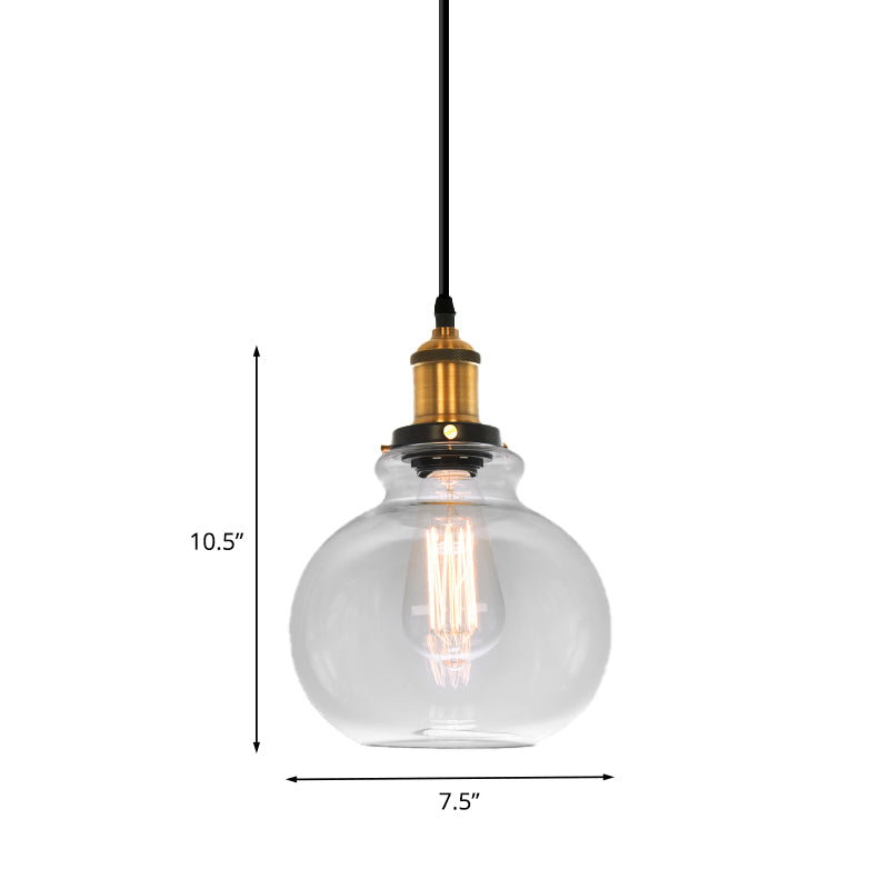 7.5" /11" Wide Globe Pendant Light Industrial 1 Light Clear Glass Hanging Lamp in Brass Clearhalo 'Ceiling Lights' 'Glass shade' 'Glass' 'Industrial Pendants' 'Industrial' 'Middle Century Pendants' 'Pendant Lights' 'Pendants' 'Tiffany' Lighting' 1136054