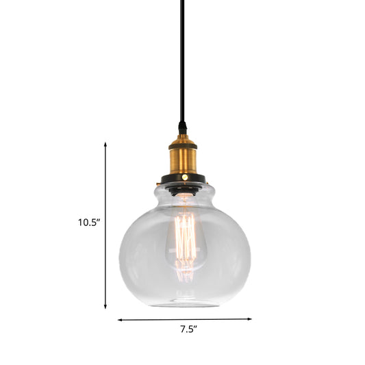 7.5" /11" Wide Globe Pendant Light Industrial 1 Light Clear Glass Hanging Lamp in Brass Clearhalo 'Ceiling Lights' 'Glass shade' 'Glass' 'Industrial Pendants' 'Industrial' 'Middle Century Pendants' 'Pendant Lights' 'Pendants' 'Tiffany' Lighting' 1136054