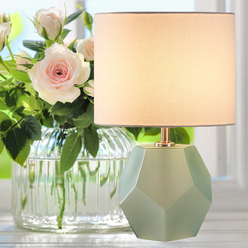 Single-Bulb 3D Hexagon Table Lamp Modern Grey/Pink/Yellow Glass Night Light with Drum Fabric Shade Blue-Green Clearhalo 'Lamps' 'Table Lamps' Lighting' 1136065