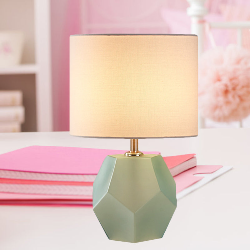 Single-Bulb 3D Hexagon Table Lamp Modern Grey/Pink/Yellow Glass Night Light with Drum Fabric Shade Clearhalo 'Lamps' 'Table Lamps' Lighting' 1136067