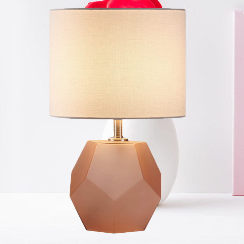 Single-Bulb 3D Hexagon Table Lamp Modern Grey/Pink/Yellow Glass Night Light with Drum Fabric Shade Pink Clearhalo 'Lamps' 'Table Lamps' Lighting' 1136069