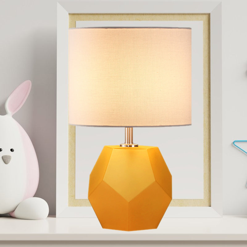 Single-Bulb 3D Hexagon Table Lamp Modern Grey/Pink/Yellow Glass Night Light with Drum Fabric Shade Clearhalo 'Lamps' 'Table Lamps' Lighting' 1136075