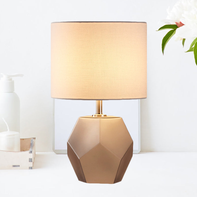 Single-Bulb 3D Hexagon Table Lamp Modern Grey/Pink/Yellow Glass Night Light with Drum Fabric Shade Grey Clearhalo 'Lamps' 'Table Lamps' Lighting' 1136081