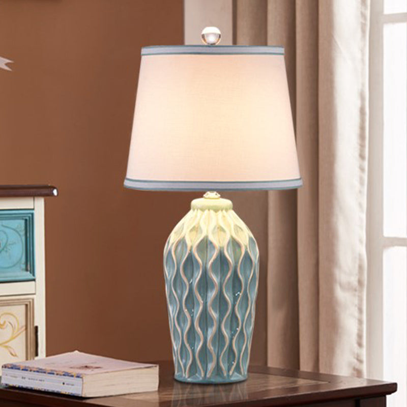 1 Head Ceramic Reading Book Light Rural Blue/Green Twist-Patterned Pottery Living Room Table Lighting with Shade Blue Clearhalo 'Lamps' 'Table Lamps' Lighting' 1136085