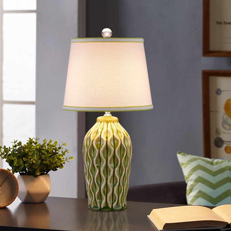 1 Head Ceramic Reading Book Light Rural Blue/Green Twist-Patterned Pottery Living Room Table Lighting with Shade Clearhalo 'Lamps' 'Table Lamps' Lighting' 1136090