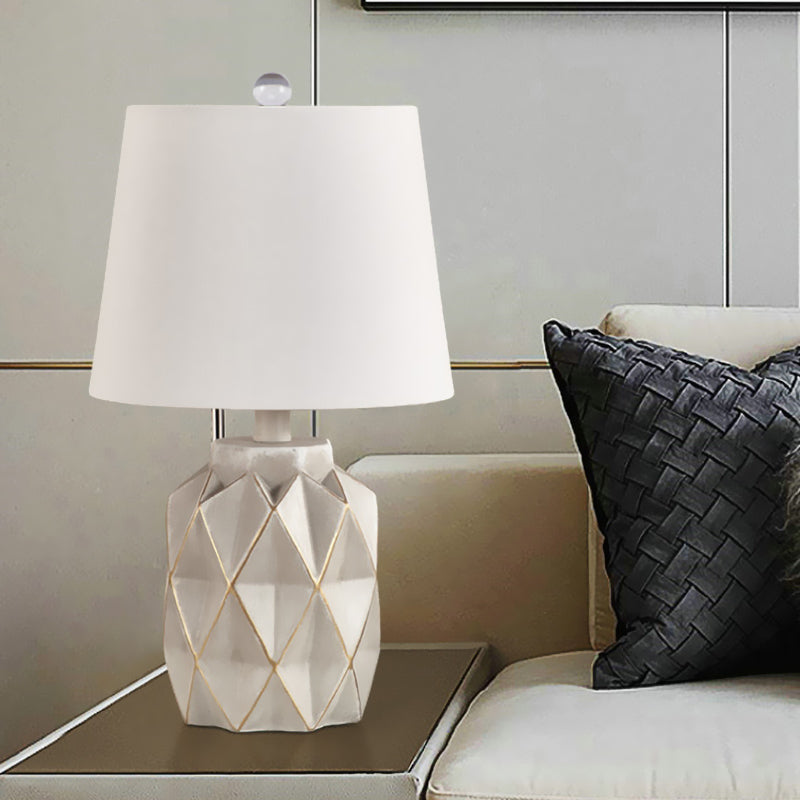 Beige/White Tapered Table Light Countryside Fabric 1-Light Bedroom Night Lamp with Origami Designed Jar Base Clearhalo 'Lamps' 'Table Lamps' Lighting' 1136101