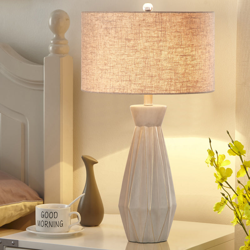 Beige/White 1 Head Night Table Lamp Rustic Fabric Drum Shade Nightstand Light for Bedside Beige Clearhalo 'Lamps' 'Table Lamps' Lighting' 1136104