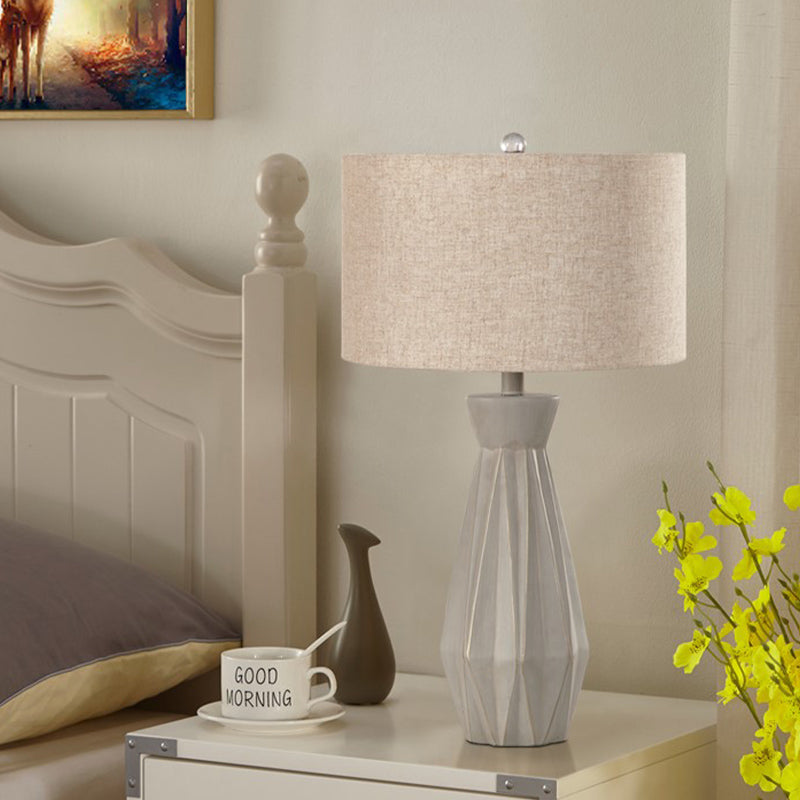Beige/White 1 Head Night Table Lamp Rustic Fabric Drum Shade Nightstand Light for Bedside Clearhalo 'Lamps' 'Table Lamps' Lighting' 1136105