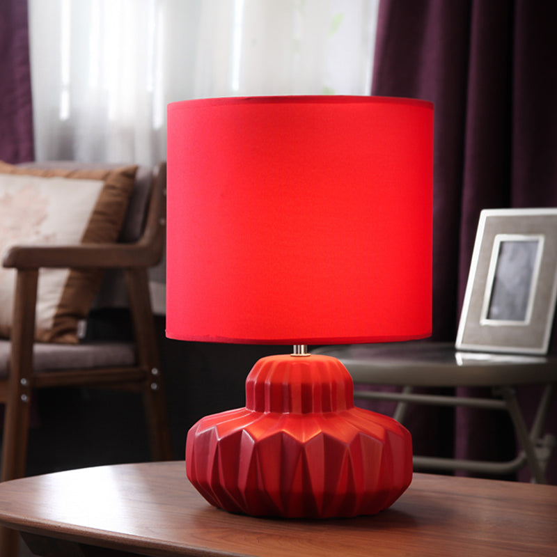 Cylinder Fabric Night Table Light Retro 1 Bulb Living Room Nightstand Lamp with Ceramic Jar Base in Red Clearhalo 'Lamps' 'Table Lamps' Lighting' 1136128