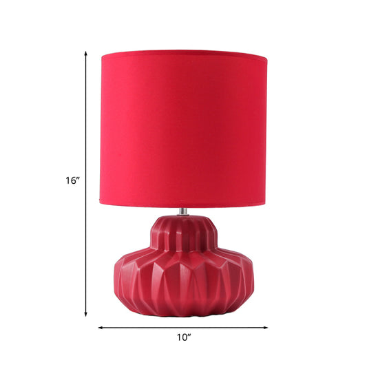 Cylinder Fabric Night Table Light Retro 1 Bulb Living Room Nightstand Lamp with Ceramic Jar Base in Red Clearhalo 'Lamps' 'Table Lamps' Lighting' 1136130