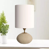 Cylindrical Fabric Table Lamp Countryside 1 Bulb Living Room Nightstand Lamp with Oval Stone Base in Light-Khaki Clearhalo 'Lamps' 'Table Lamps' Lighting' 1136132