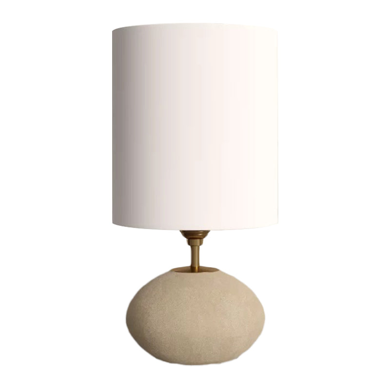 Cylindrical Fabric Table Lamp Countryside 1 Bulb Living Room Nightstand Lamp with Oval Stone Base in Light-Khaki Clearhalo 'Lamps' 'Table Lamps' Lighting' 1136133