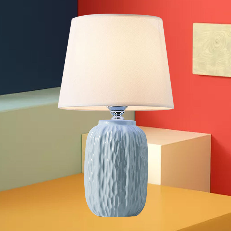 Single Hammered Ceramic Night Lamp Modern Pink/Blue/Yellow Oval Table Lighting with Tapered Lampshade Blue Clearhalo 'Lamps' 'Table Lamps' Lighting' 1136139