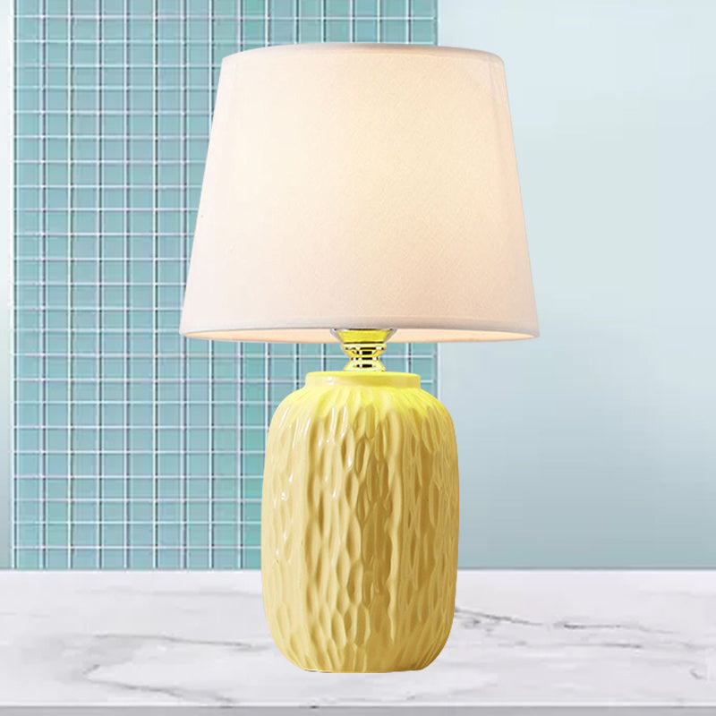 Single Hammered Ceramic Night Lamp Modern Pink/Blue/Yellow Oval Table Lighting with Tapered Lampshade Yellow Clearhalo 'Lamps' 'Table Lamps' Lighting' 1136143
