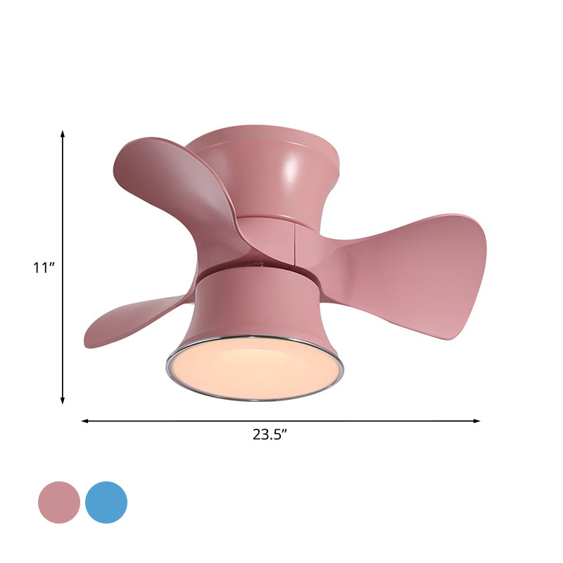 3-Blade Macaron LED Flush Ceiling Fan Blue/Pink Curvy Flushmount Lighting with Acrylic Shade, 23.5" Width Clearhalo 'Ceiling Fans with Lights' 'Ceiling Fans' 'Modern Ceiling Fans' 'Modern' Lighting' 1136211