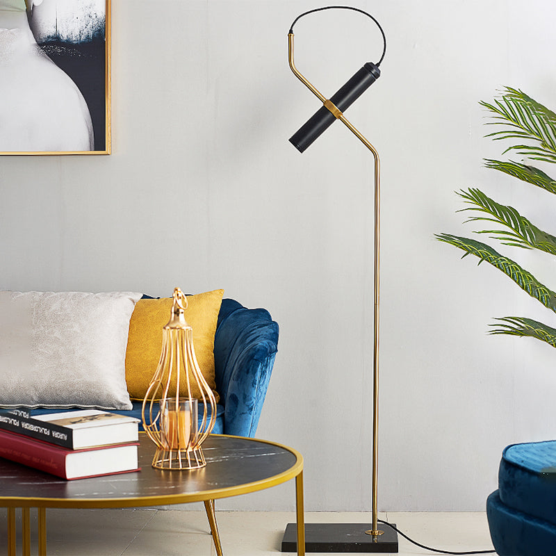 Post Modern Tube Floor Lamp Metallic Living Room LED Stand Up Light with Curved Arm in Gold/Chrome Gold Clearhalo 'Floor Lamps' 'Lamps' Lighting' 1136261