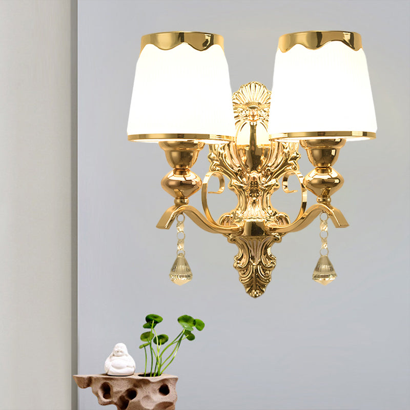 2-Light Wall Light Fixture with Barrel Shade Opal Glass Post Modern Bedroom Wall Lamp in Gold Clearhalo 'Modern wall lights' 'Modern' 'Wall Lamps & Sconces' 'Wall Lights' Lighting' 1136298