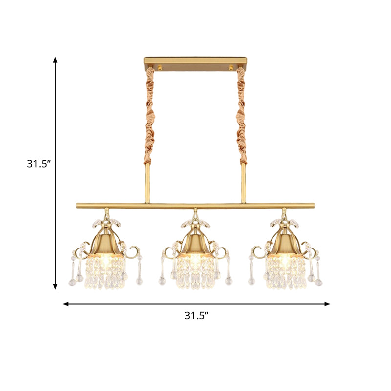 Gold Cylinder Island Pendant Light Postmodern 3 Heads Crystal Teardrop Hanging Ceiling Lamp Clearhalo 'Ceiling Lights' 'Island Lights' Lighting' 1136308