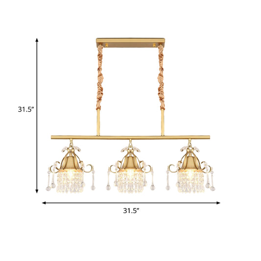 Gold Cylinder Island Pendant Light Postmodern 3 Heads Crystal Teardrop Hanging Ceiling Lamp Clearhalo 'Ceiling Lights' 'Island Lights' Lighting' 1136308