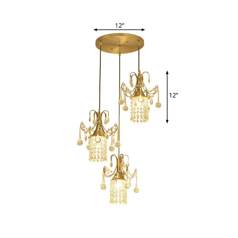 Cylinder Multi Ceiling Light Modernist Crystal Droplet 3 Lights Dining Room Pendant in Brass Clearhalo 'Ceiling Lights' 'Modern Pendants' 'Modern' 'Pendant Lights' 'Pendants' Lighting' 1136319