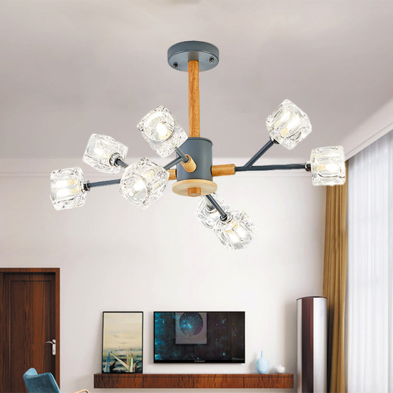Cube Clear Crystal Hanging Light Kit Modernism 8 Heads Grey and Wood Branch Chandelier Grey Clearhalo 'Ceiling Lights' 'Chandeliers' 'Modern Chandeliers' 'Modern' Lighting' 1136335