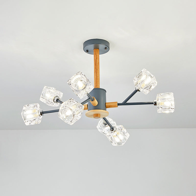 Cube Clear Crystal Hanging Light Kit Modernism 8 Heads Grey and Wood Branch Chandelier Clearhalo 'Ceiling Lights' 'Chandeliers' 'Modern Chandeliers' 'Modern' Lighting' 1136336