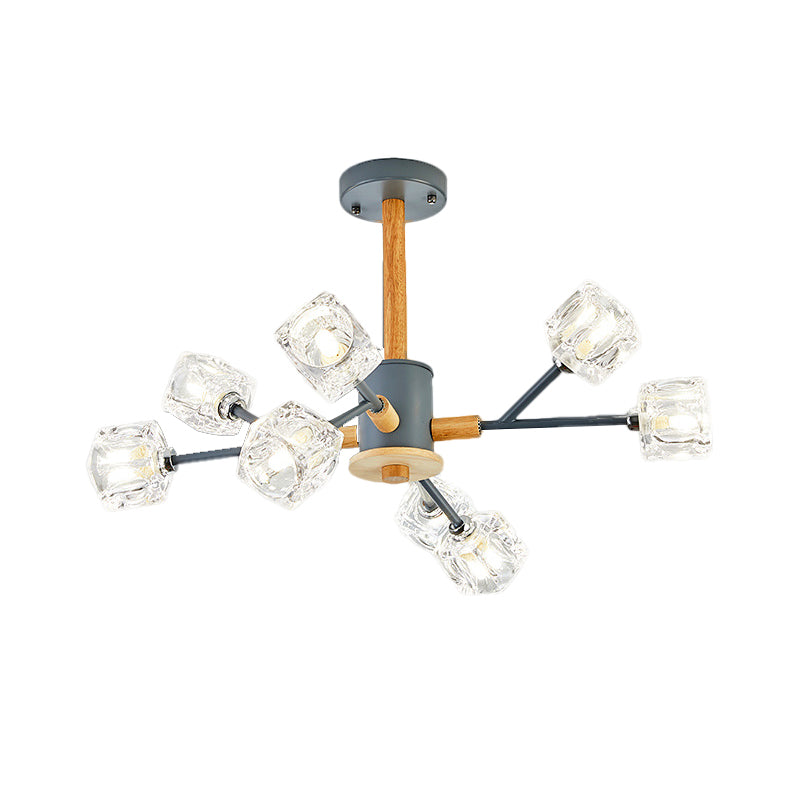 Cube Clear Crystal Hanging Light Kit Modernism 8 Heads Grey and Wood Branch Chandelier Clearhalo 'Ceiling Lights' 'Chandeliers' 'Modern Chandeliers' 'Modern' Lighting' 1136337