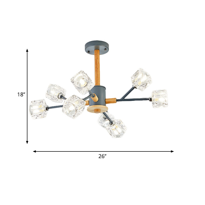 Cube Clear Crystal Hanging Light Kit Modernism 8 Heads Grey and Wood Branch Chandelier Clearhalo 'Ceiling Lights' 'Chandeliers' 'Modern Chandeliers' 'Modern' Lighting' 1136338