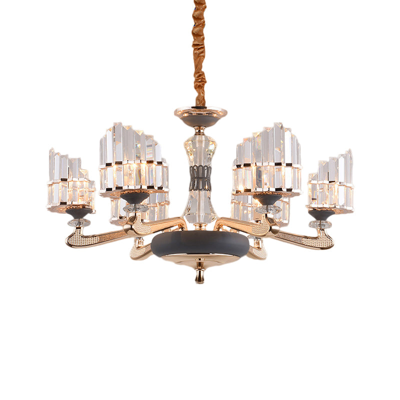 Arced Panel Pendant Chandelier Modernist Clear Crystal Block 6-Light Dining Room Ceiling Hang Fixture in Gold Clearhalo 'Ceiling Lights' 'Chandeliers' 'Modern Chandeliers' 'Modern' Lighting' 1136345