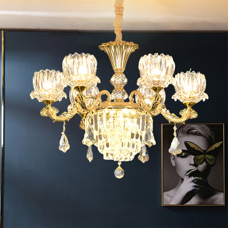 Gold Finish 6-Light Hanging Light Contemporary Clear Crystal Glass Flower LED Chandelier Pendant Lamp Clearhalo 'Ceiling Lights' 'Chandeliers' 'Modern Chandeliers' 'Modern' Lighting' 1136348
