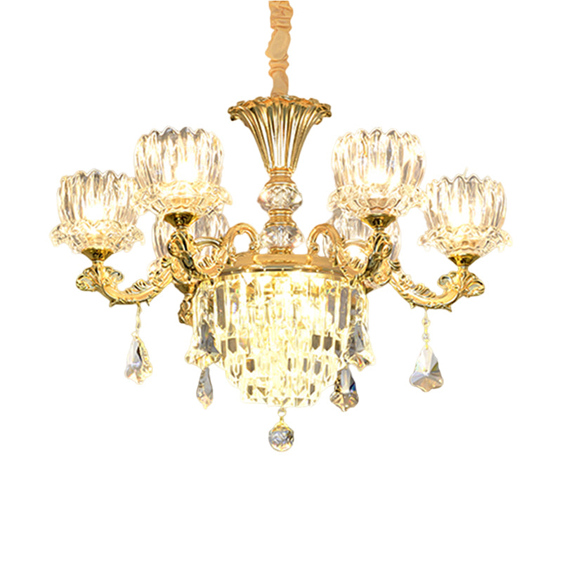 Gold Finish 6-Light Hanging Light Contemporary Clear Crystal Glass Flower LED Chandelier Pendant Lamp Clearhalo 'Ceiling Lights' 'Chandeliers' 'Modern Chandeliers' 'Modern' Lighting' 1136349