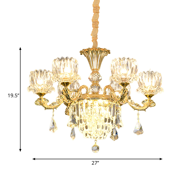 Gold Finish 6-Light Hanging Light Contemporary Clear Crystal Glass Flower LED Chandelier Pendant Lamp Clearhalo 'Ceiling Lights' 'Chandeliers' 'Modern Chandeliers' 'Modern' Lighting' 1136350
