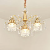 Gold 3 Heads Pendulum Lighting Post Modern Crystal Drip Cylinder Hanging Chandelier for Bedroom Gold Clearhalo 'Ceiling Lights' 'Chandeliers' 'Modern Chandeliers' 'Modern' Lighting' 1136378