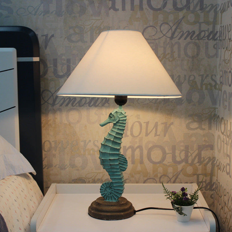 Green Seahorse Table Light Countryside Resin 1 Head Bedside Night Lamp with Wide Cone Fabric Shade Green Clearhalo 'Lamps' 'Table Lamps' Lighting' 1136386