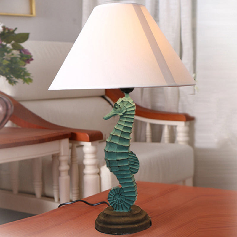 Green Seahorse Table Light Countryside Resin 1 Head Bedside Night Lamp with Wide Cone Fabric Shade Clearhalo 'Lamps' 'Table Lamps' Lighting' 1136387