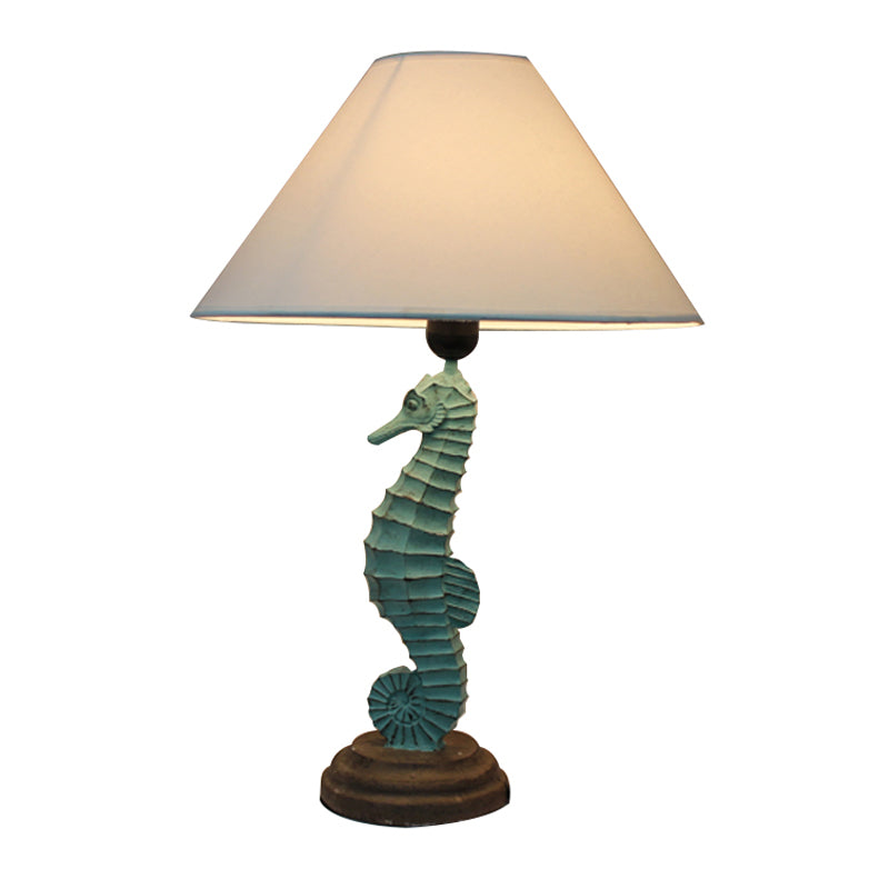 Green Seahorse Table Light Countryside Resin 1 Head Bedside Night Lamp with Wide Cone Fabric Shade Clearhalo 'Lamps' 'Table Lamps' Lighting' 1136388
