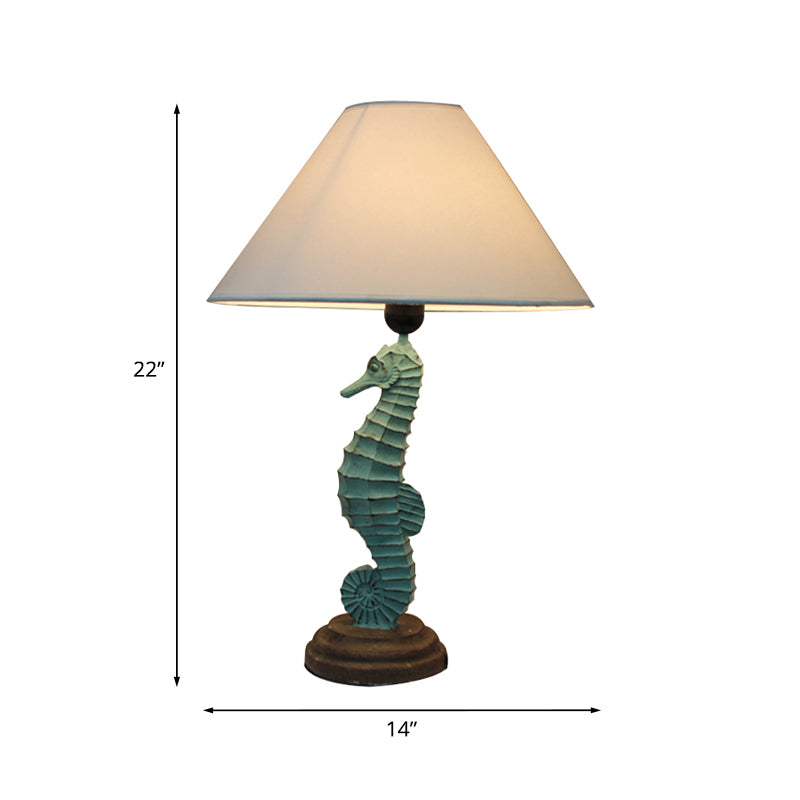 Green Seahorse Table Light Countryside Resin 1 Head Bedside Night Lamp with Wide Cone Fabric Shade Clearhalo 'Lamps' 'Table Lamps' Lighting' 1136389