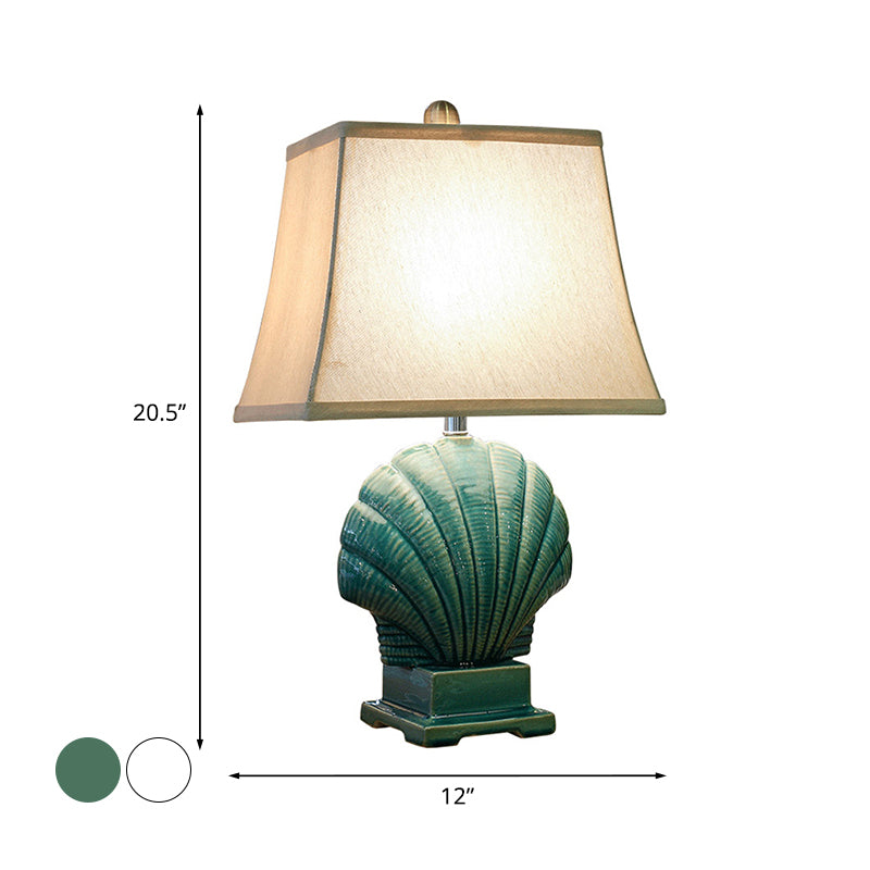 Handmade Ceramic Shell Night Light Country Style 1 Bulb Bedroom Table Lamp in Green/White with Pagoda Fabric Shade Clearhalo 'Lamps' 'Table Lamps' Lighting' 1136393