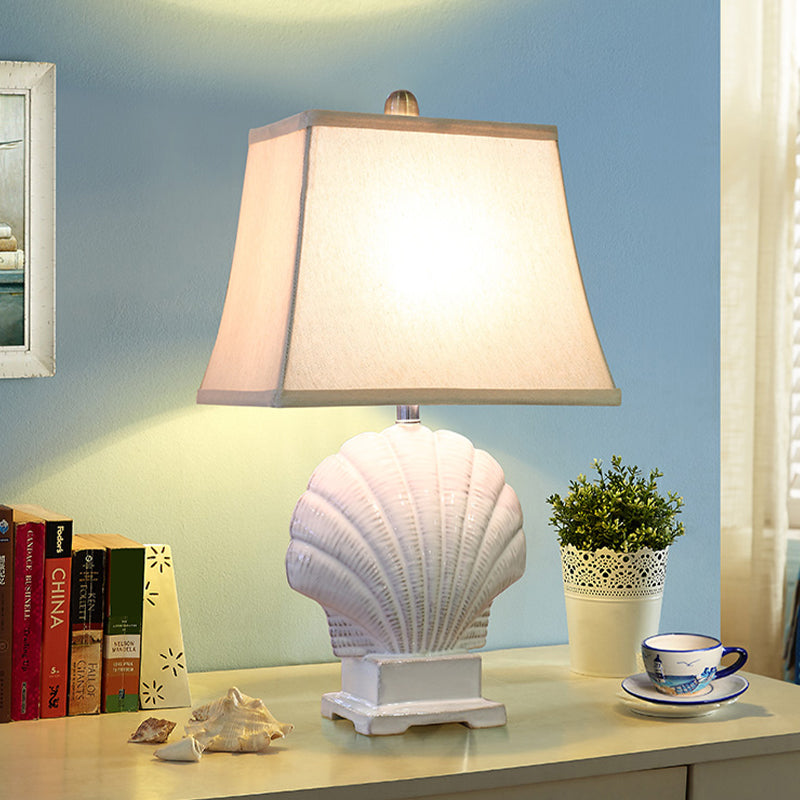 Handmade Ceramic Shell Night Light Country Style 1 Bulb Bedroom Table Lamp in Green/White with Pagoda Fabric Shade White Clearhalo 'Lamps' 'Table Lamps' Lighting' 1136394