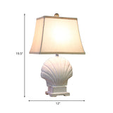 Fabric White Night Table Light Trapezoid Single Rural Nightstand Lamp with Ceramic Shell Base Clearhalo 'Lamps' 'Table Lamps' Lighting' 1136401