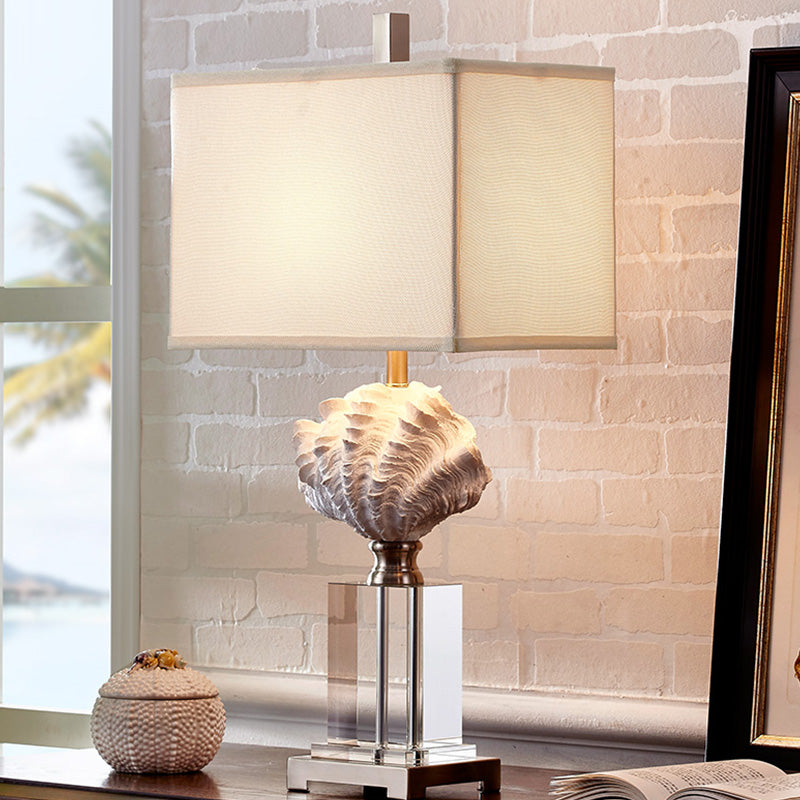 Conch Shell Bedside Table Lamp Rustic Resin 1 Bulb White Night Stand Light with Box Fabric Shade Clearhalo 'Lamps' 'Table Lamps' Lighting' 1136419