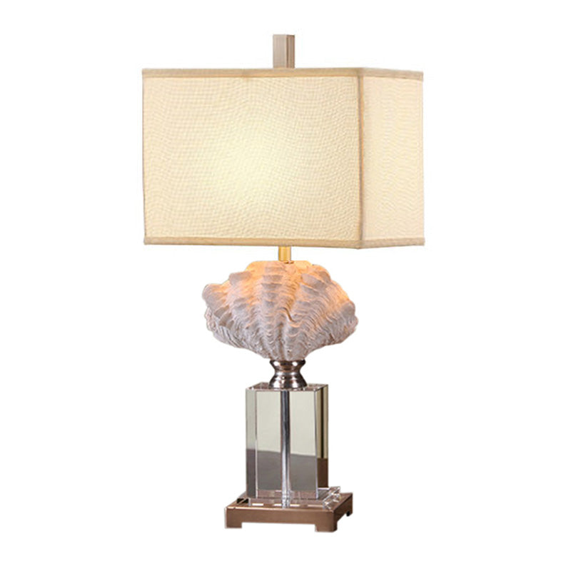 Conch Shell Bedside Table Lamp Rustic Resin 1 Bulb White Night Stand Light with Box Fabric Shade Clearhalo 'Lamps' 'Table Lamps' Lighting' 1136420