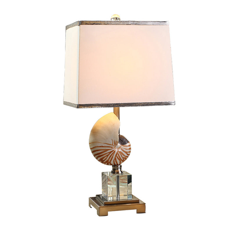White 1 Head Night Table Light Rural Fabric Cuboid Nightstand Lamp with Decorative Nautilus Shell Clearhalo 'Lamps' 'Table Lamps' Lighting' 1136424