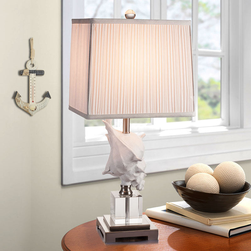 Silver/White Conch Shell Night Light Countryside Resin 1 Head Dining Table Lamp with Square Pleated Fabric Shade Clearhalo 'Lamps' 'Table Lamps' Lighting' 1136427
