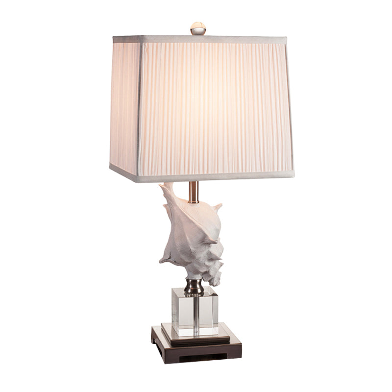 Silver/White Conch Shell Night Light Countryside Resin 1 Head Dining Table Lamp with Square Pleated Fabric Shade Clearhalo 'Lamps' 'Table Lamps' Lighting' 1136428