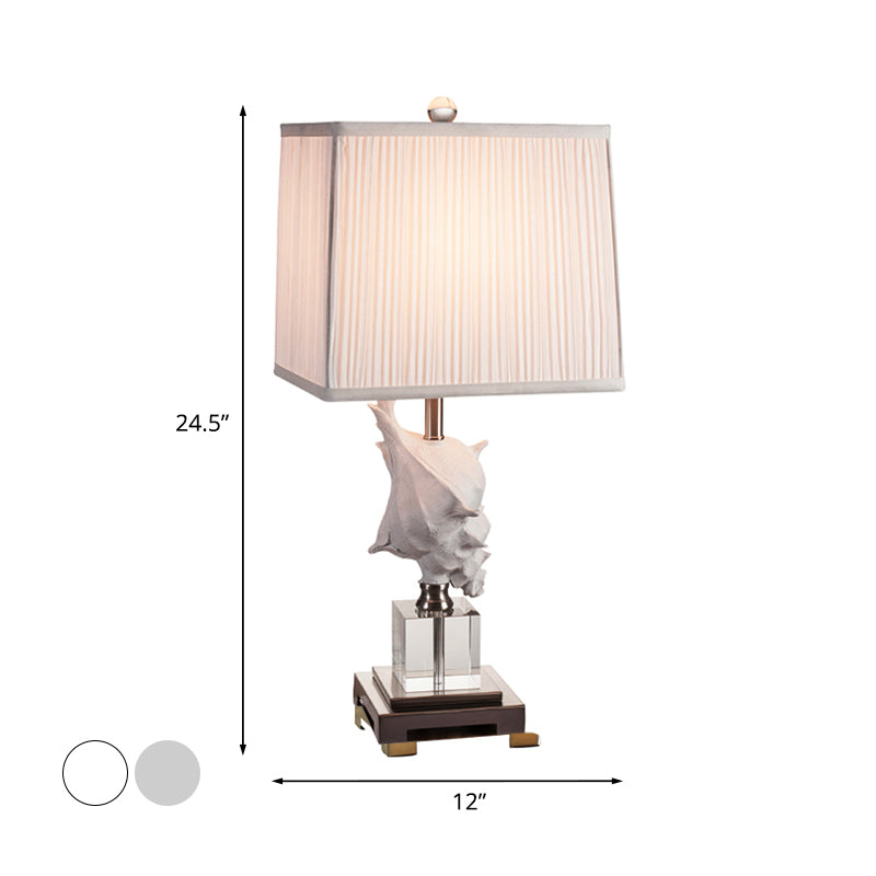 Silver/White Conch Shell Night Light Countryside Resin 1 Head Dining Table Lamp with Square Pleated Fabric Shade Clearhalo 'Lamps' 'Table Lamps' Lighting' 1136429