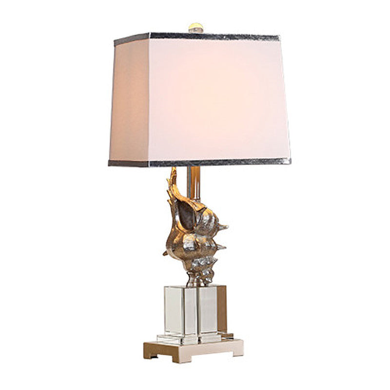 Silver/White Conch Shell Night Light Countryside Resin 1 Head Dining Table Lamp with Square Pleated Fabric Shade Clearhalo 'Lamps' 'Table Lamps' Lighting' 1136433